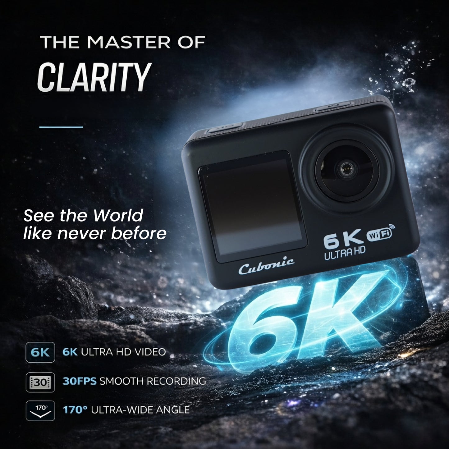 Cubonic 6K Dual Display Sports Waterproof 30m Camera| 50MP Ultra HD Photo |Touchscreen|170° Wide Angle Lens | EIS Stabilization | WiFi Connectivity | Remote | Upto 128GB SD Card Support Vlogging