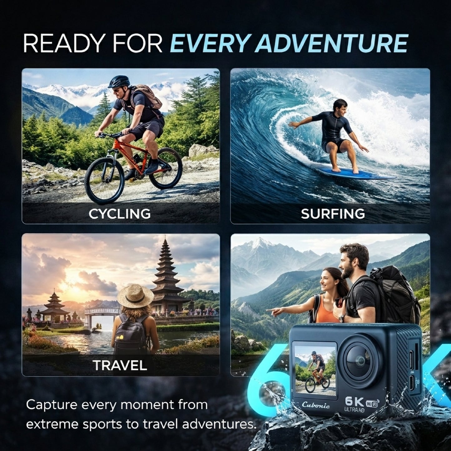 Cubonic 6K Dual Display Sports Waterproof 30m Camera| 50MP Ultra HD Photo |Touchscreen|170° Wide Angle Lens | EIS Stabilization | WiFi Connectivity | Remote | Upto 128GB SD Card Support Vlogging