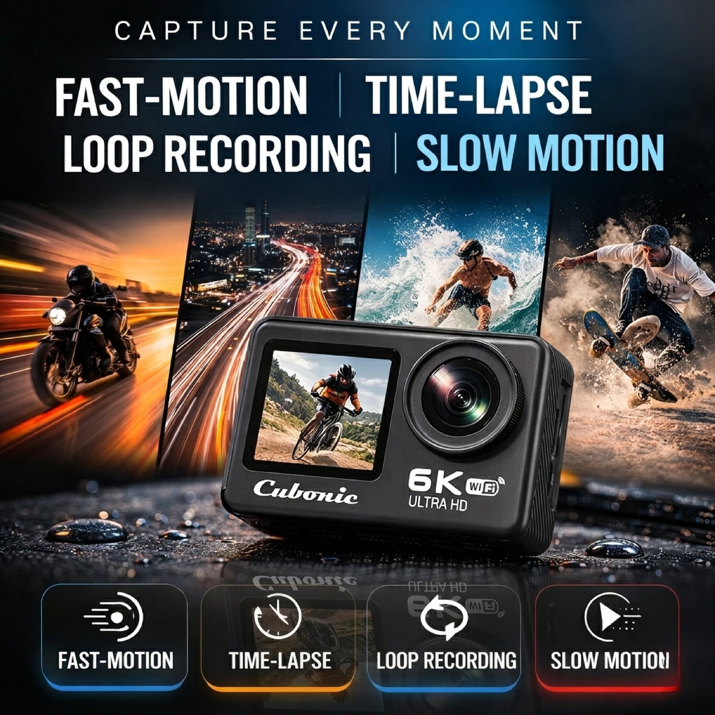 Cubonic 6K Dual Display Sports Waterproof 30m Camera| 50MP Ultra HD Photo |Touchscreen|170° Wide Angle Lens | EIS Stabilization | WiFi Connectivity | Remote | Upto 128GB SD Card Support Vlogging