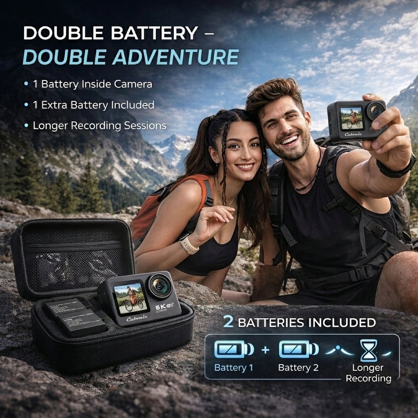 Cubonic 6K Dual Display Sports Waterproof 30m Camera| 50MP Ultra HD Photo |Touchscreen|170° Wide Angle Lens | EIS Stabilization | WiFi Connectivity | Remote | Upto 128GB SD Card Support Vlogging