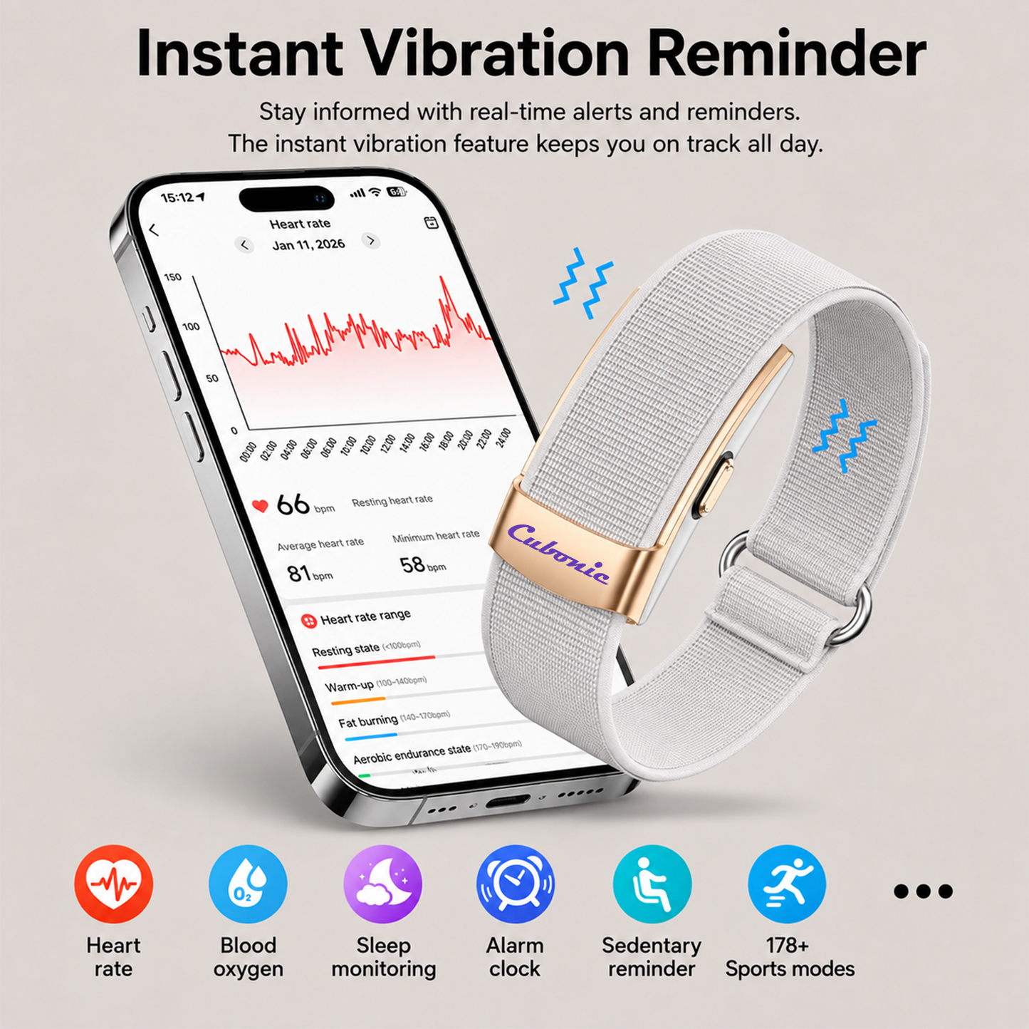 Cubonic Vytal Glory- Screenless Smart Fitness Band | 178+ Sports Modes, IP68 Waterproof, 25-Day Battery Backup, Sleep & Monitoring Activity,App Controlled Android & iOS