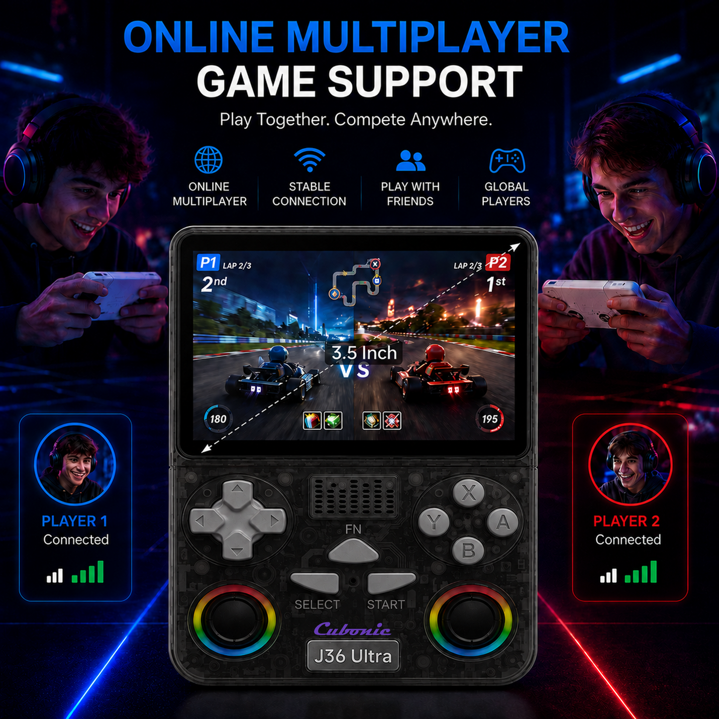 Cubonic Xplore J36 Ultra Handheld Gaming Console YouTube Support 3.5"Display,Dual RGB Joystick 3000mAh Battery, WiFi & Bluetooth,Online Multiplayer