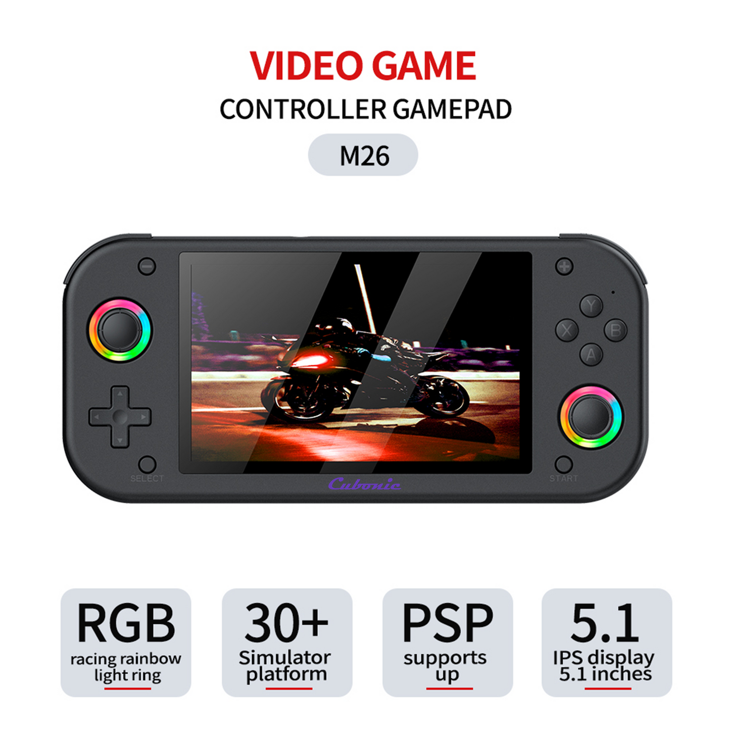 Cubonic VividGo M26 Retro Handheld Game Console – 5.1” IPS Display | RGB Joystick | 30+ Emulator Support | 3000mAh Battery | Portable Gaming Console