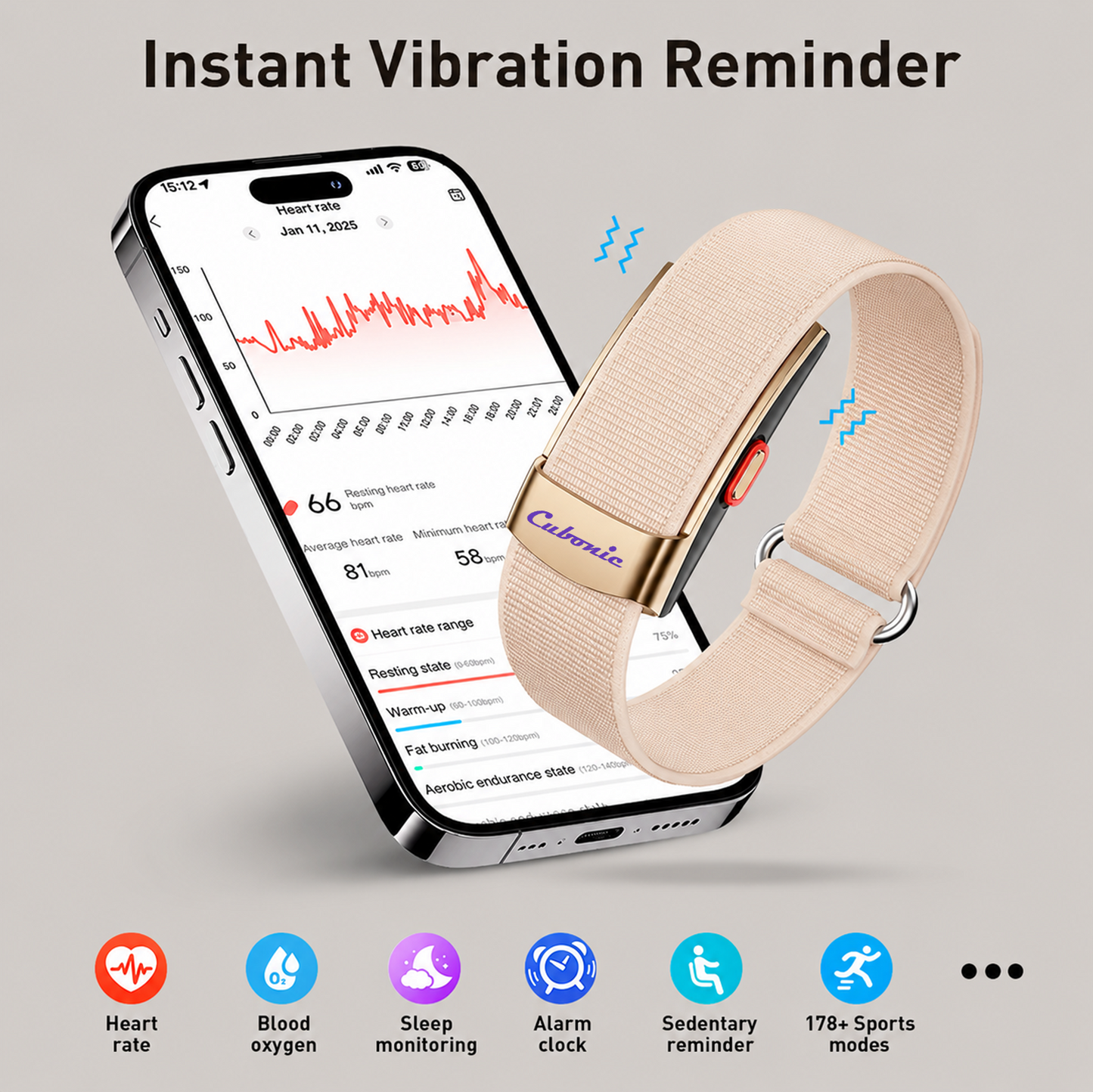 Cubonic Vytal Glory- Screenless Smart Fitness Band | 178+ Sports Modes, IP68 Waterproof, 25-Day Battery Backup, Sleep & Monitoring Activity,App Controlled Android & iOS