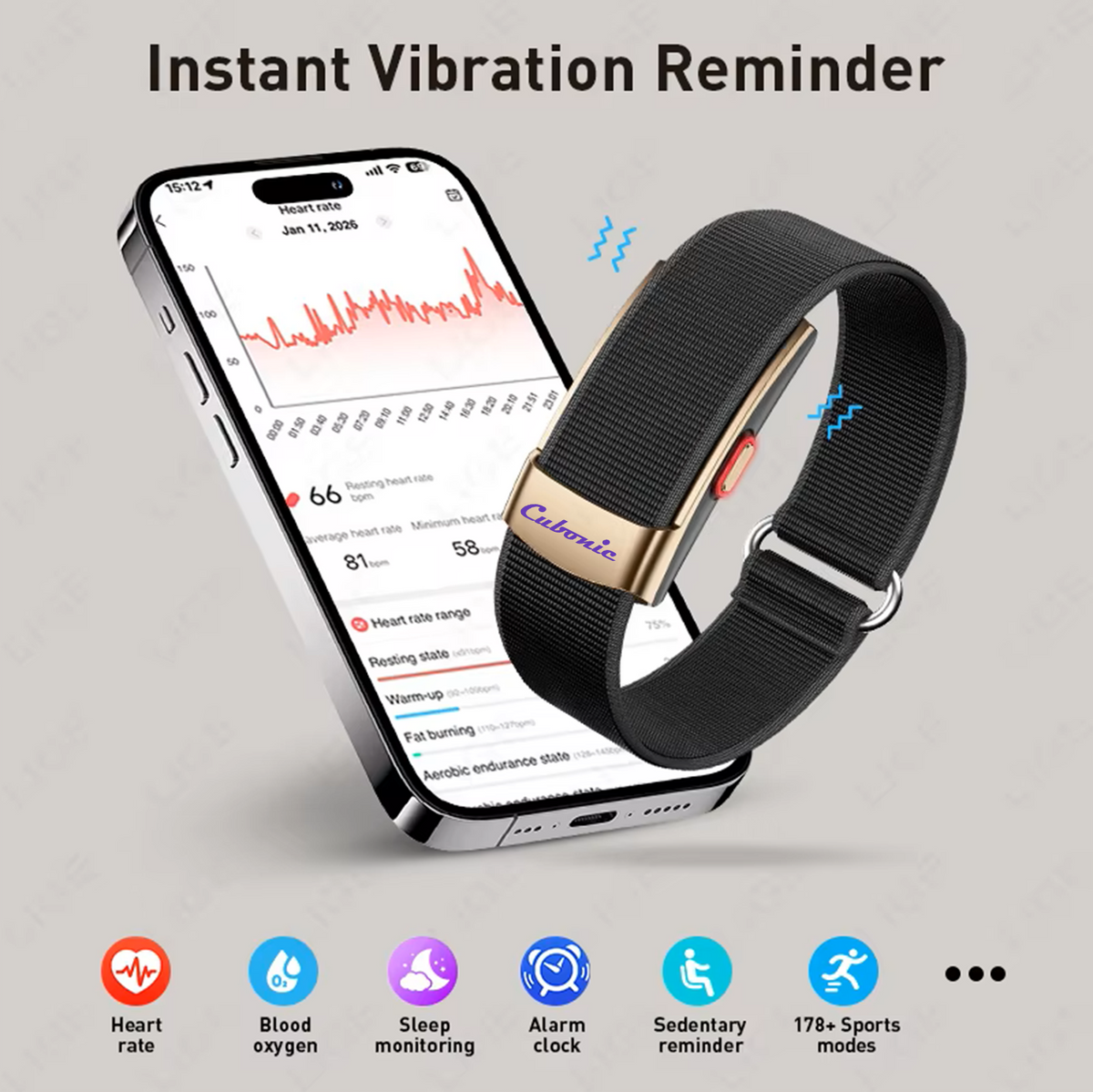 Cubonic Vytal Glory- Screenless Smart Fitness Band | 176+ Sports Modes, 1ATM Waterproof, 5-10 Day Battery Backup, Sleep & Monitoring Activity,App Controlled Android & iOS