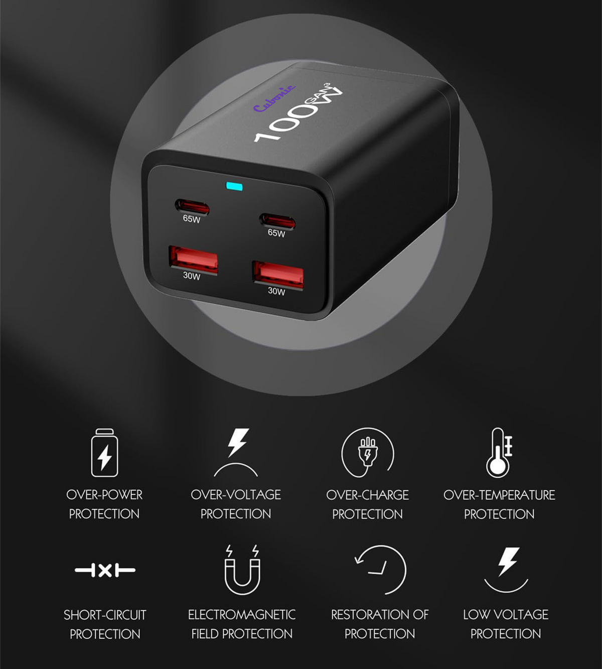 CUBONIC 100W (Total Actual Output 65W) GaN Charging Station, 4-Port Desktop Charger with 2 USB-C & 2 USB-A Ports, Multi Device Charging Hub for Laptops, Smartphones, Tablets, Wearables & USB Powered Electronics