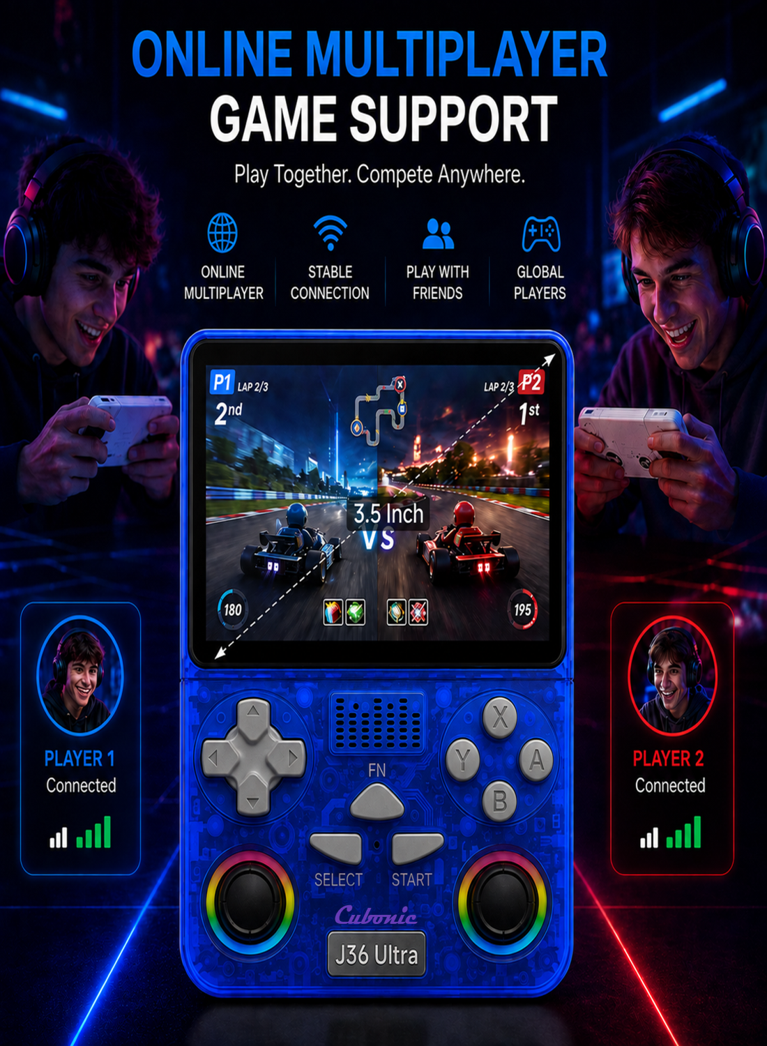 Cubonic Xplore J36 Ultra Handheld Gaming Console YouTube Support 3.5"Display,Dual RGB Joystick 3000mAh Battery, WiFi & Bluetooth,Online Multiplayer