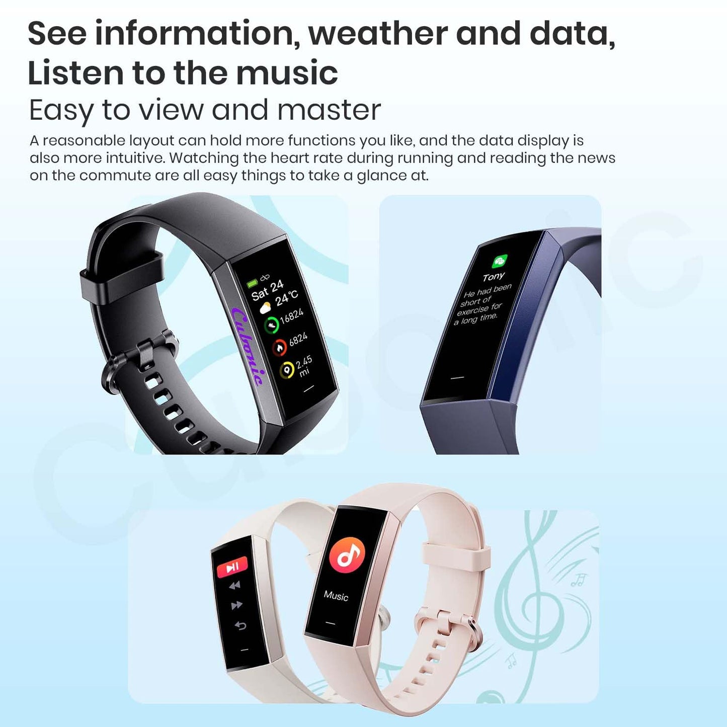 Cubonic C80 Fitness Tracker with Raise to Wake Display, Heart Rate Monitor, Blood Pressure, App Control Notifier, Pedometer, Sleep Monitor, Activity Tracker, 1.1" AMOLED Screen, Fitness Watch