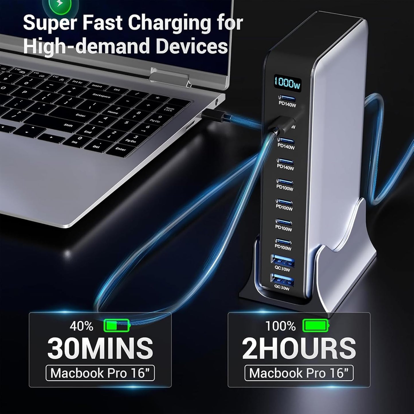 CUBONIC 1000W GaN Charging Station, 10-Port Fast Charger (8 Type-C + 2 USB-A), Max PD 140W/100W & QC 20W Multiport Charging Hub for iPhone 15/16, MacBook, Android, Type-C Laptops & All Devices