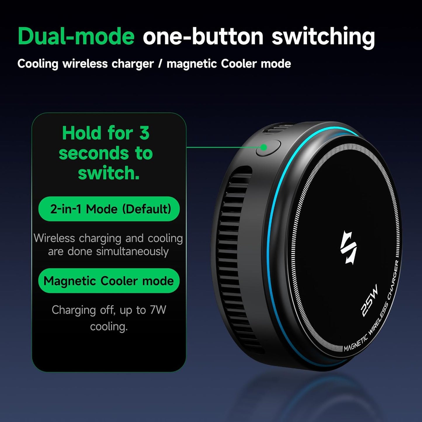 Black Shark Wireless Charger with Cooling Fan, 25W Dual-Sided Magnetic Pad Compatible with Phone Series 12 Above mag-Safe Charging, Phone Cooler for Gaming/Streaming