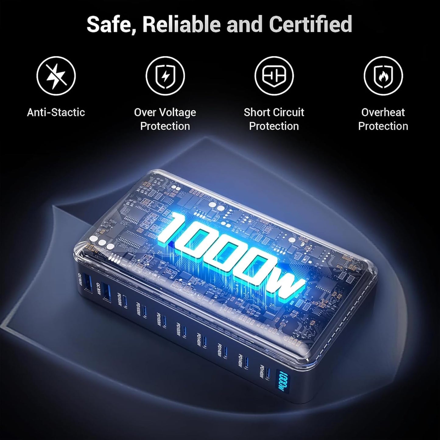 CUBONIC 1000W GaN Charging Station, 10-Port Fast Charger (8 Type-C + 2 USB-A), Max PD 140W/100W & QC 20W Multiport Charging Hub for iPhone 15/16, MacBook, Android, Type-C Laptops & All Devices