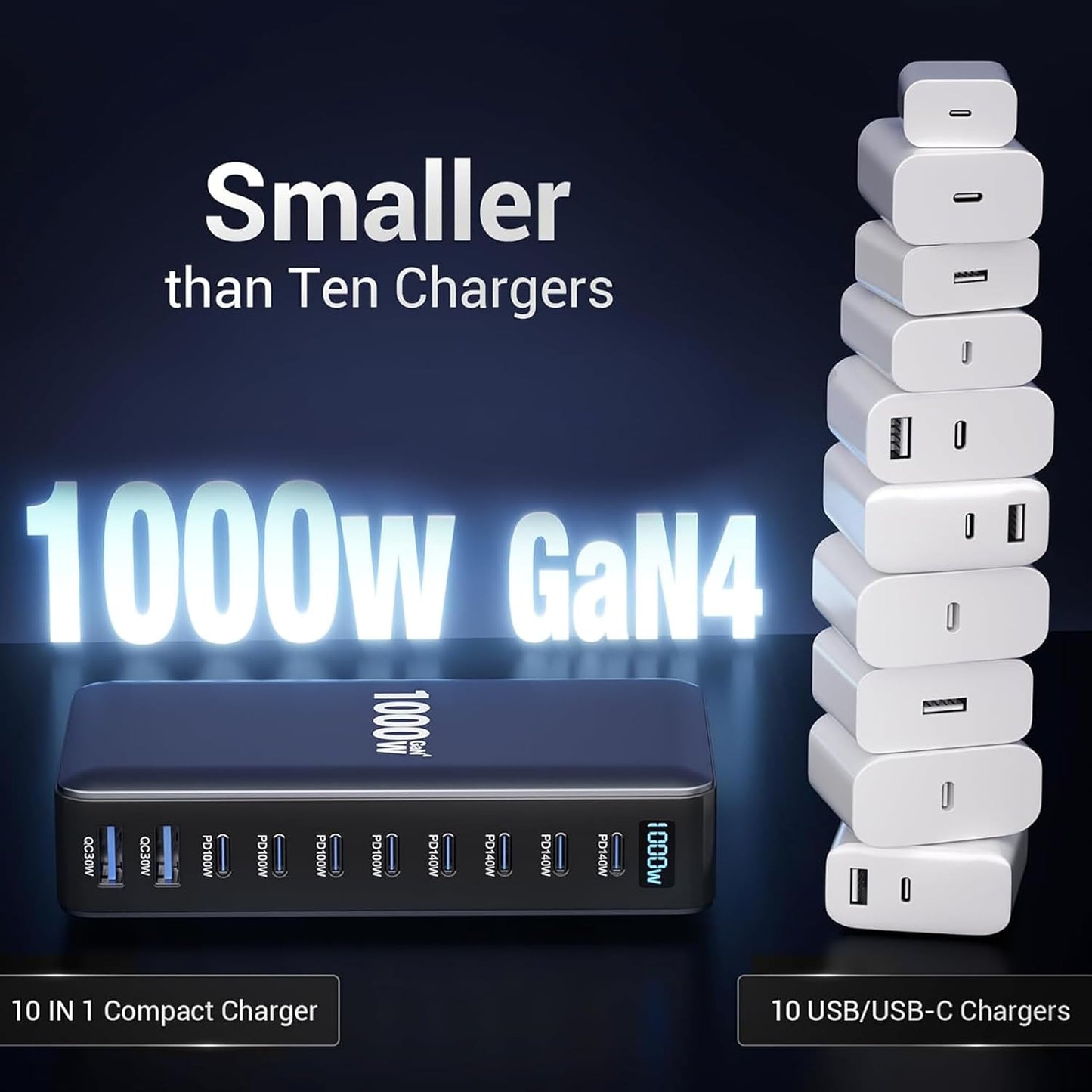 CUBONIC 1000W GaN Charging Station, 10-Port Fast Charger (8 Type-C + 2 USB-A), Max PD 140W/100W & QC 20W Multiport Charging Hub for iPhone 15/16, MacBook, Android, Type-C Laptops & All Devices