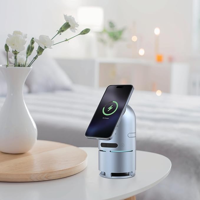 Cubonic S9 Bullet Shaped 3-in-1 Qi2 Certified Wireless Charger with 15W Fast Charging, Bluetooth Speaker, Auto-Rotation & Foldable Stand – Compatible with iOS & Android