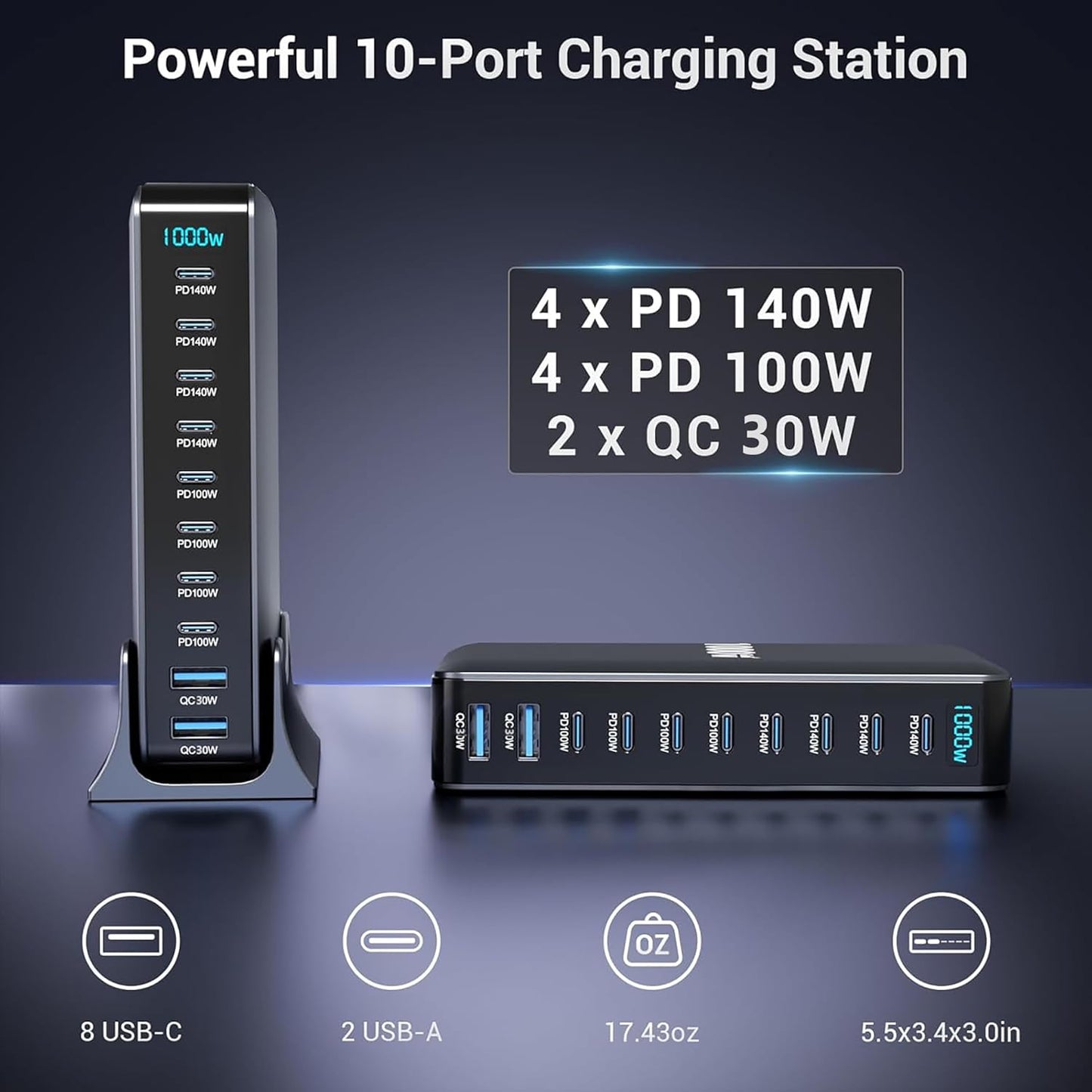 CUBONIC 1000W GaN Charging Station, 10-Port Fast Charger (8 Type-C + 2 USB-A), Max PD 140W/100W & QC 20W Multiport Charging Hub for iPhone 15/16, MacBook, Android, Type-C Laptops & All Devices