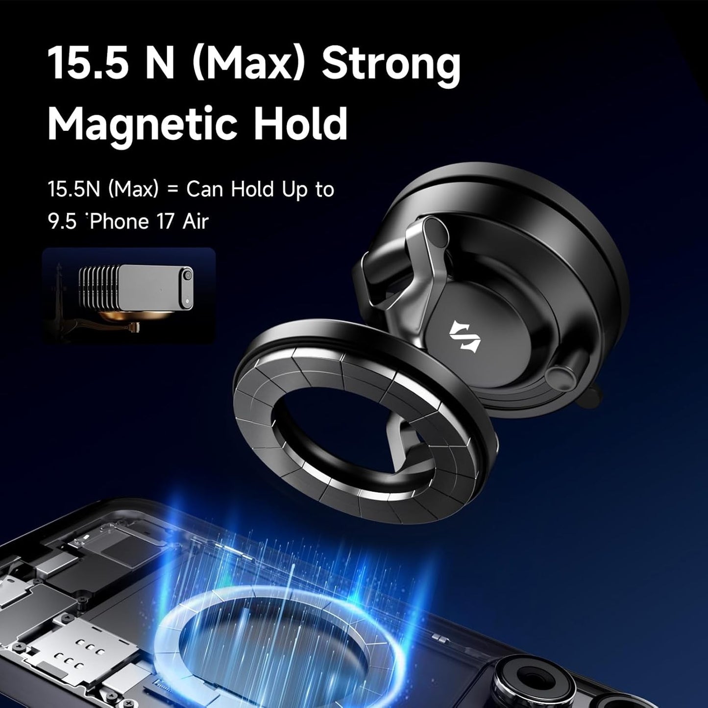 Black Shark Magnetic Car Phone Holder, Zinc Alloy Arm, 720° Adjustable MagSafe Mount with Vacuum Suction for iPhone 12-17/Pro/Max, Dashboard & Windshield Compatible