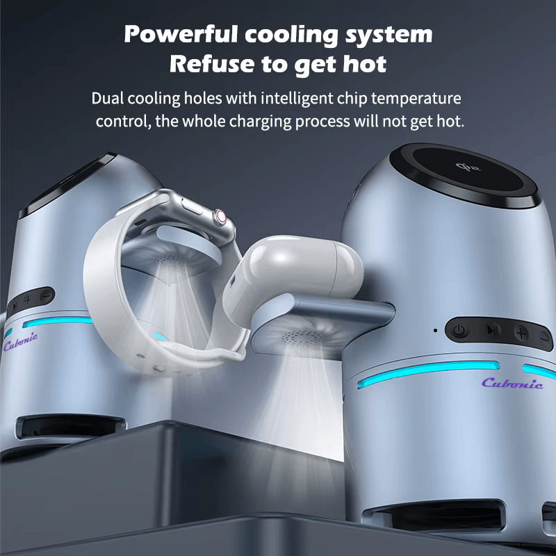 Cubonic S9 Bullet Shaped 3-in-1 Qi2 Certified Wireless Charger with 15W Fast Charging, Bluetooth Speaker, Auto-Rotation & Foldable Stand – Compatible with iOS & Android