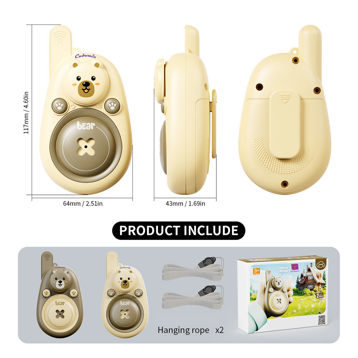 Cubonic Bear Walkie Talkie for Kids Age 3-5,2 Pack Walkie Talkies Outdoor Indoor Toys with 1000ft Range,Christmas Birthday Gifts Toys for Boys Girls