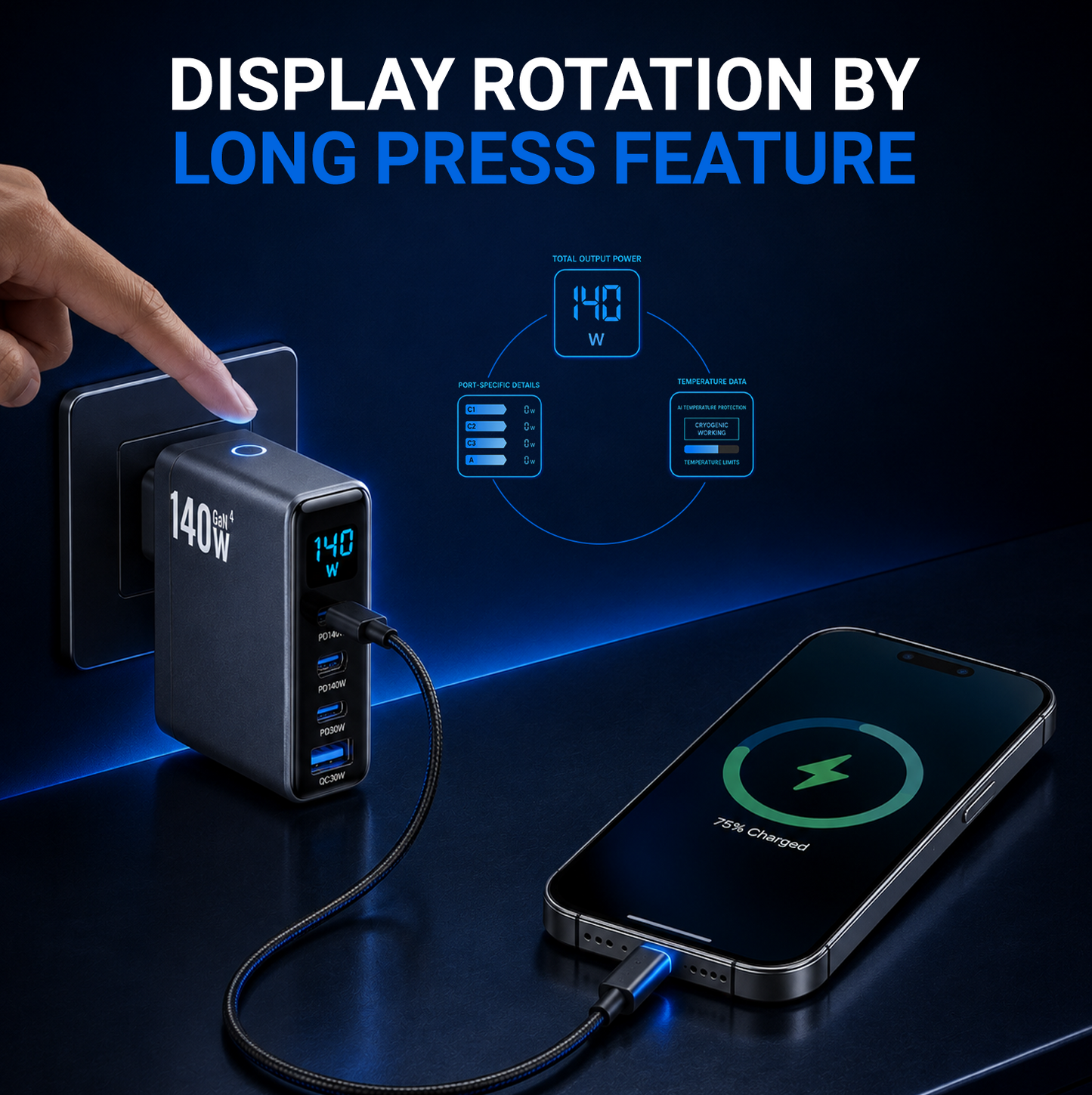 CUBONIC 140W GaN Fast Charger with 4 Ports, 3 Type-C PD & 1 USB-A QC Digital Power Display,Multi-Device Fast Charging Adapter