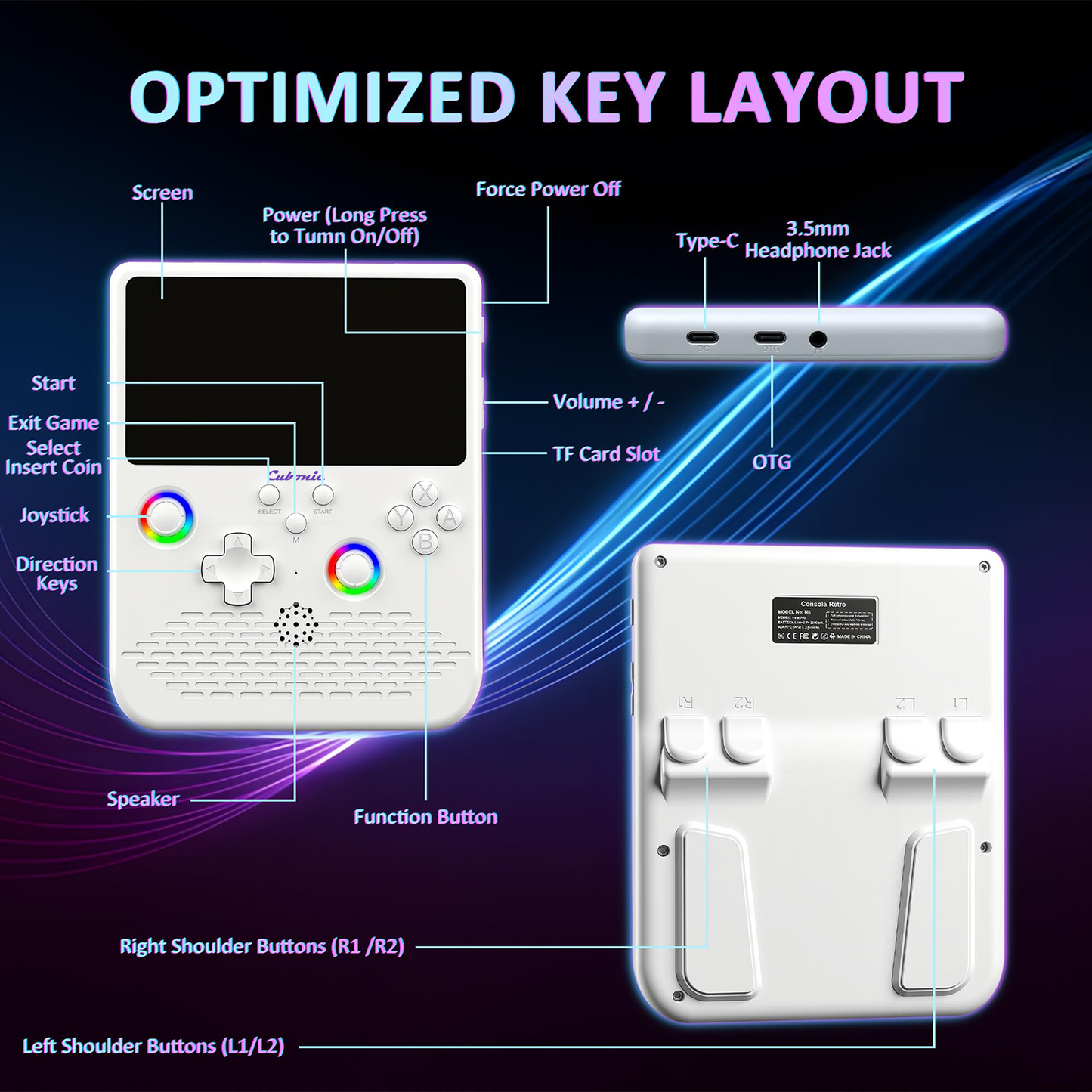 Cubonic SolidPlay H5 Handheld Gaming Console – 5" HD Display, 64GB Storage, 4000mAh Battery, Dual RGB Joysticks, 20,000+ Built-In Retro Games