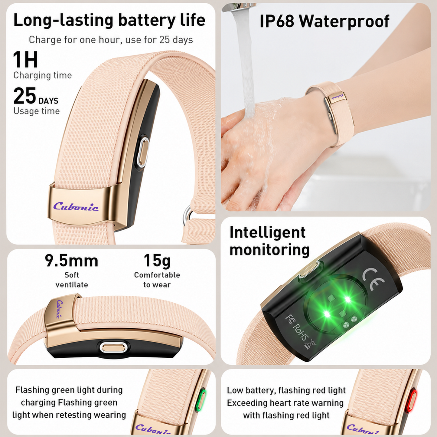Cubonic Vytal Glory- Screenless Smart Fitness Band | 178+ Sports Modes, IP68 Waterproof, 25-Day Battery Backup, Sleep & Monitoring Activity,App Controlled Android & iOS