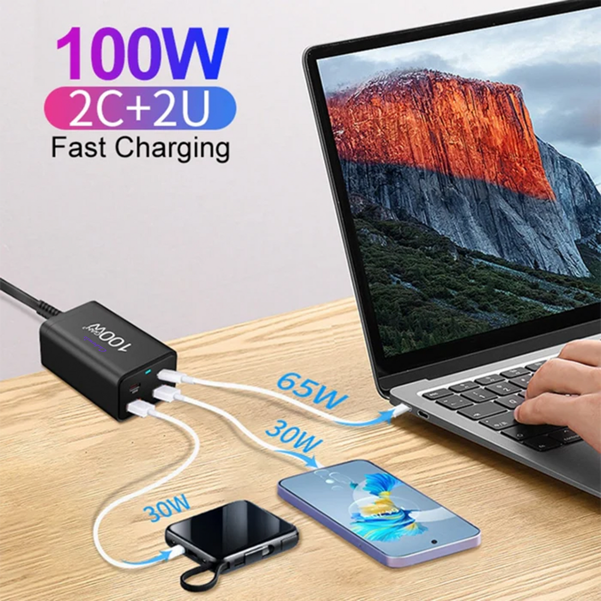 CUBONIC 100W (Total Actual Output 65W) GaN Charging Station, 4-Port Desktop Charger with 2 USB-C & 2 USB-A Ports, Multi Device Charging Hub for Laptops, Smartphones, Tablets, Wearables & USB Powered Electronics