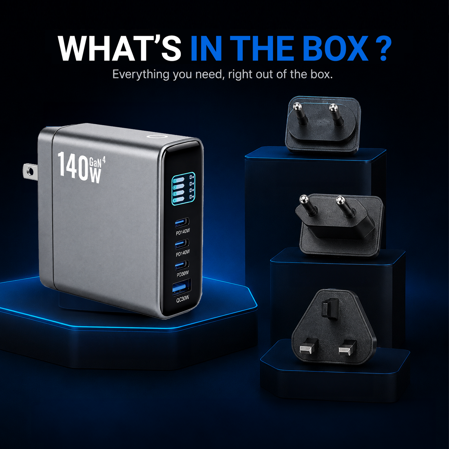 CUBONIC 140W GaN Fast Charger with 4 Ports, 3 Type-C PD & 1 USB-A QC Digital Power Display,Multi-Device Fast Charging Adapter