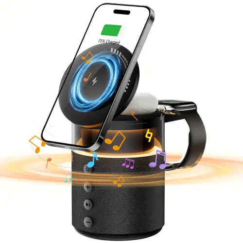 Cubonic HT554 AuraBeat 5-in-1 Qi Certified Wireless Charger with 15W Fast Charging, Bluetooth Speaker, Auto-Rotation & Foldable Stand – Compatible with iOS & Android