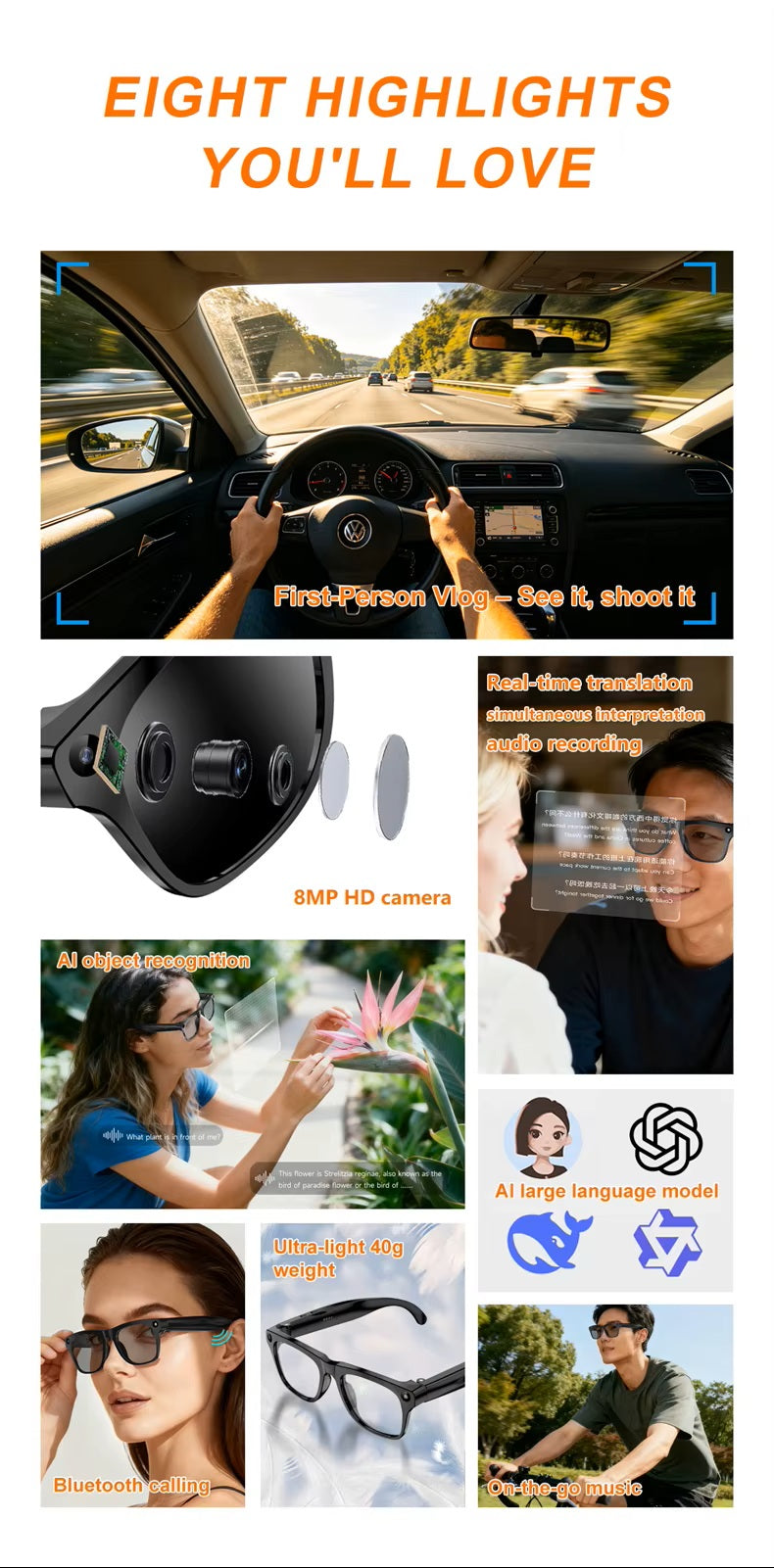 Cubonic Xen 1 Pro AI Smart Glasses with 8MP Camera, 2K Photo, 1080p HD Video, Bluetooth Calling, Stereo Audio, AI Object Recognition & Real-Time Translation