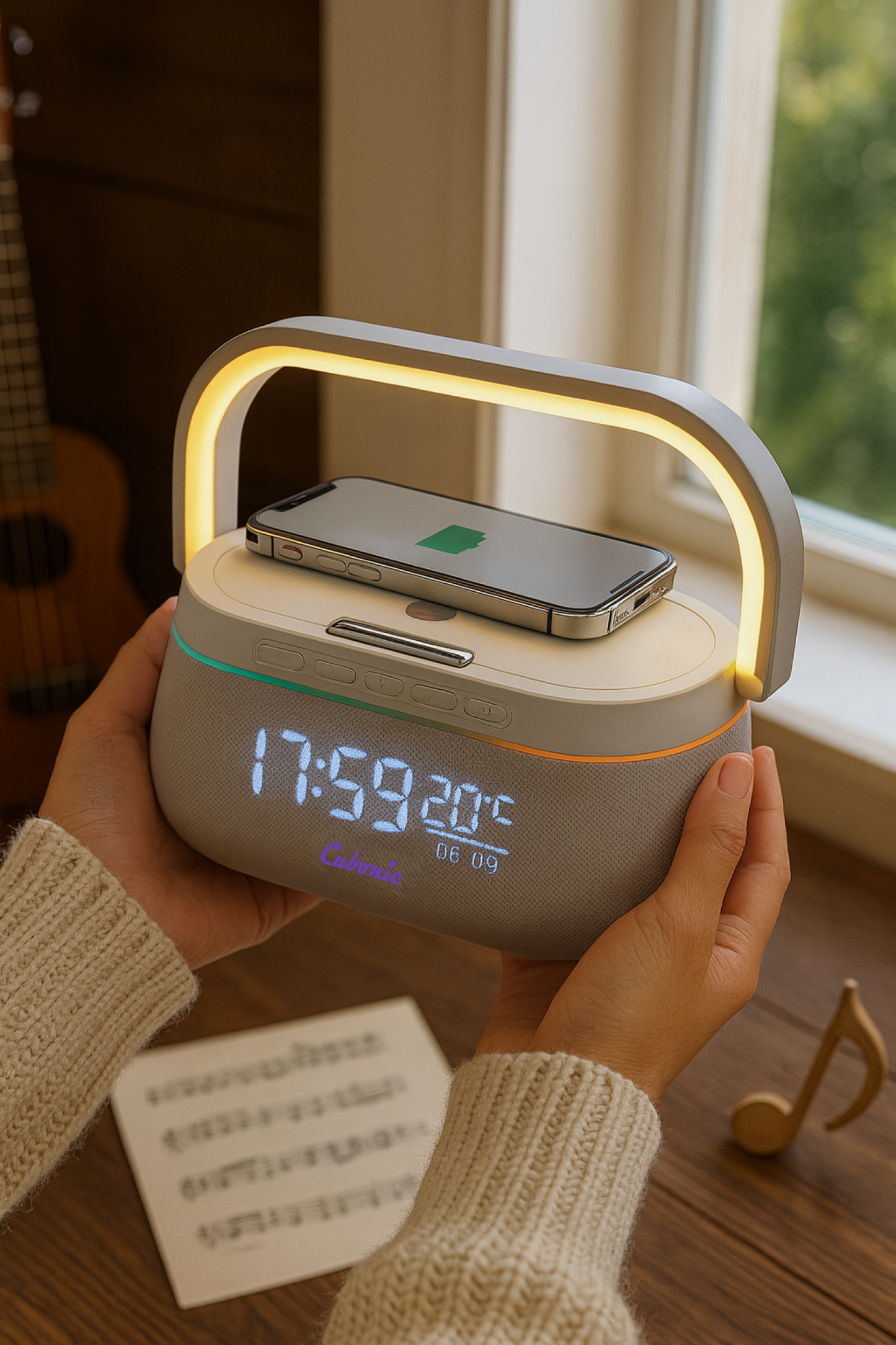 Cubonic HT548 AuraLis 2-in-1 Qi Certified Wireless Charger with 15W Fast Charging Portable Bluetooth Speaker