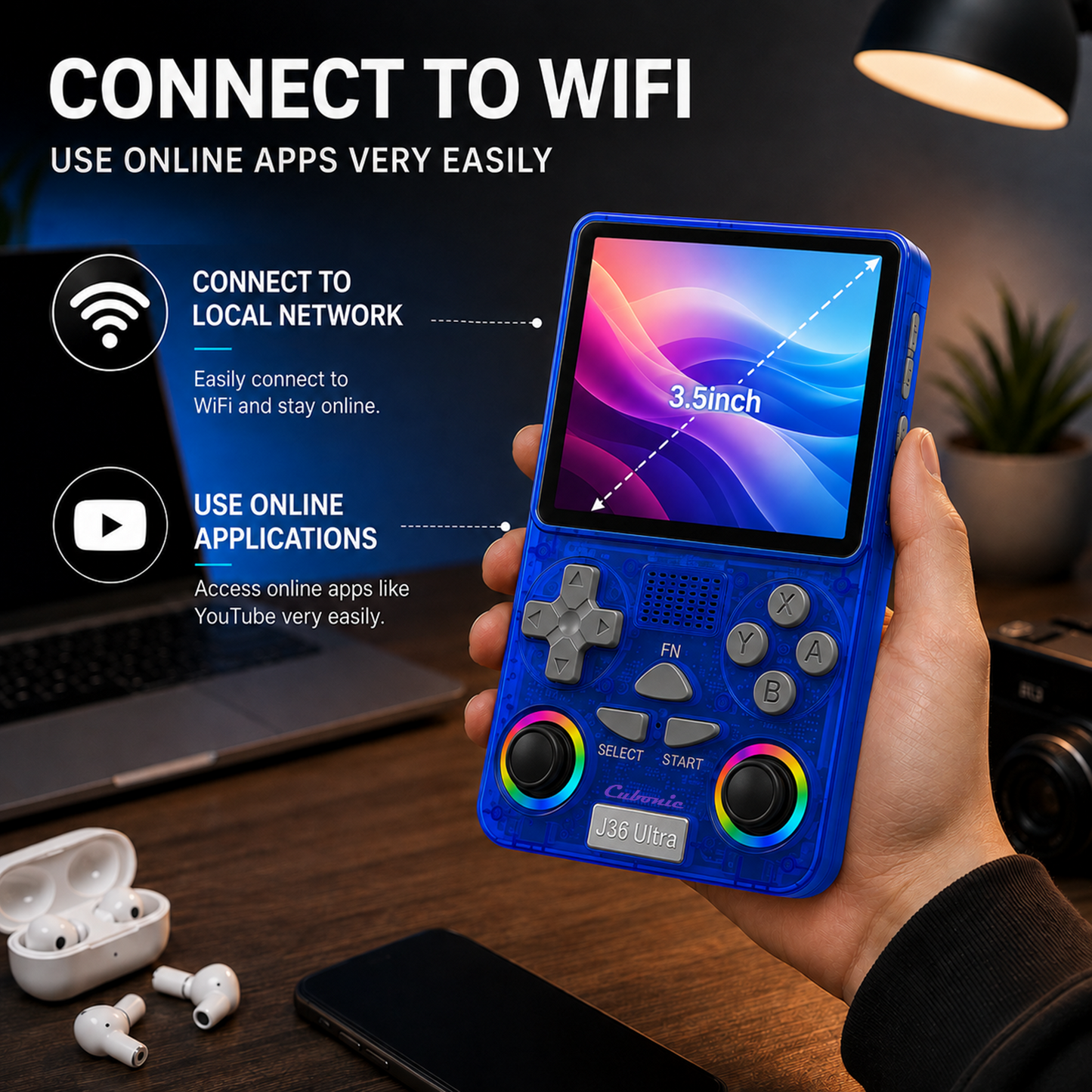 Cubonic Xplore J36 Ultra Handheld Gaming Console YouTube Support 3.5"Display,Dual RGB Joystick 3000mAh Battery, WiFi & Bluetooth,Online Multiplayer