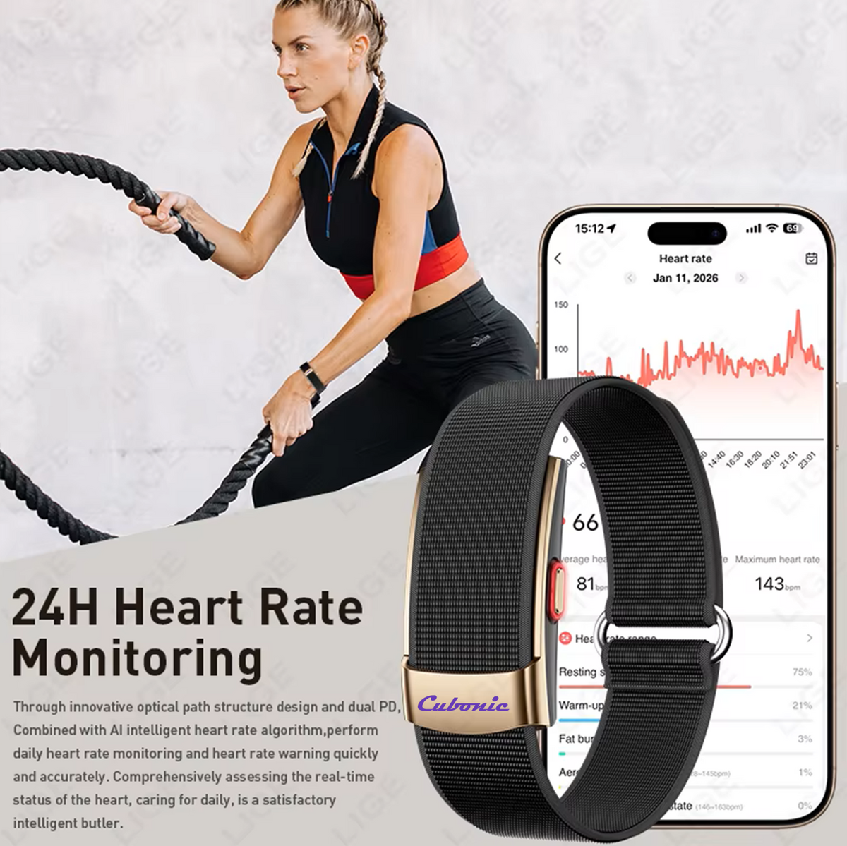 Cubonic Vytal Glory- Screenless Smart Fitness Band | 176+ Sports Modes, 1ATM Waterproof, 5-10 Day Battery Backup, Sleep & Monitoring Activity,App Controlled Android & iOS