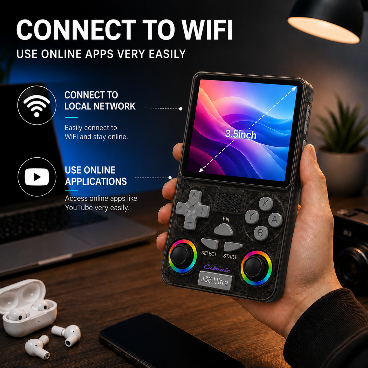 Cubonic Xplore J36 Ultra Handheld Gaming Console YouTube Support 3.5"Display,Dual RGB Joystick 3000mAh Battery, WiFi & Bluetooth,Online Multiplayer