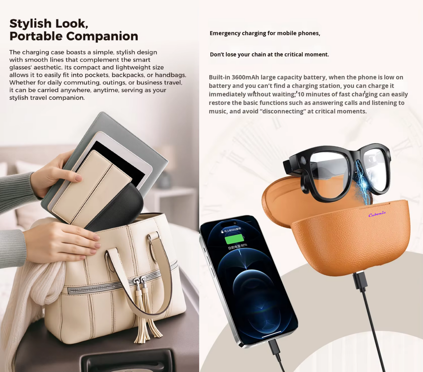 Cubonic AIvion Smart Audio Glasses with 800W Camera, Wi-Fi4, Bluetooth 5.3, 32GB Storage, Real-Time Translation, UV400 Protection, IPX4 Water Resistant, 3600mAh Charging Case