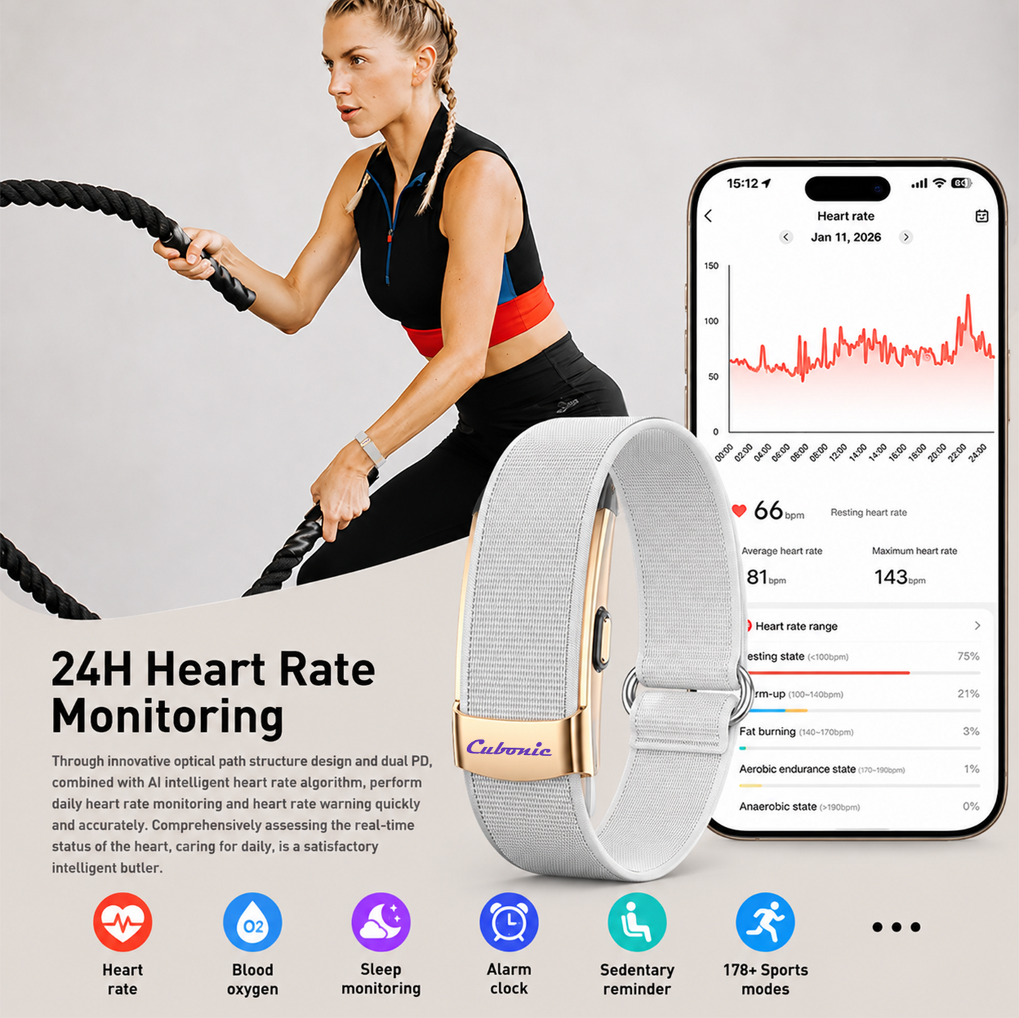 Cubonic Vytal Glory- Screenless Smart Fitness Band | 178+ Sports Modes, IP68 Waterproof, 25-Day Battery Backup, Sleep & Monitoring Activity,App Controlled Android & iOS