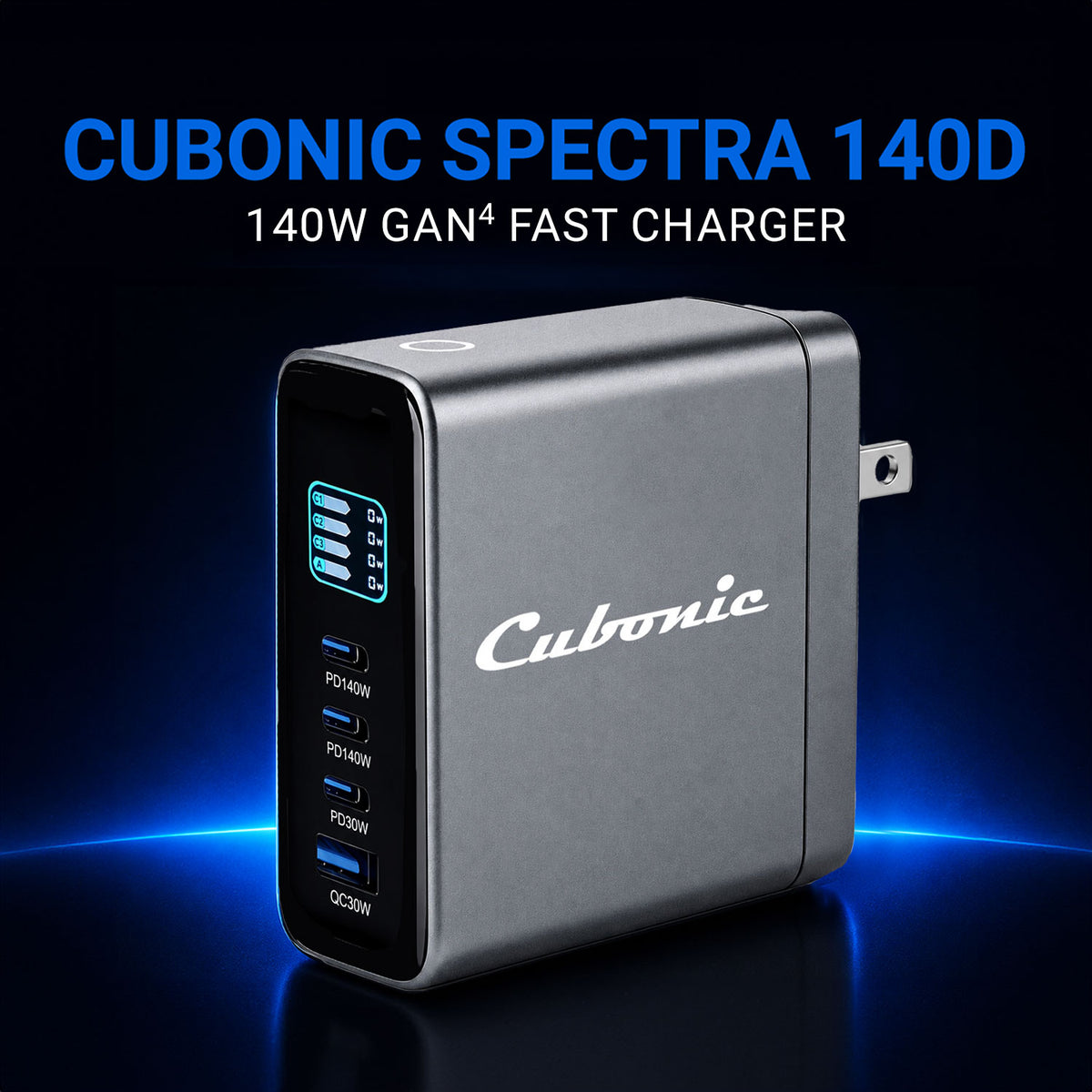 CUBONIC 140W GaN Fast Charger with 4 Ports, 3 Type-C PD & 1 USB-A QC Digital Power Display,Multi-Device Fast Charging Adapter
