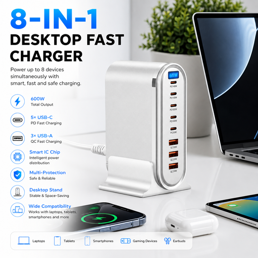 CUBONIC 600W GaN Charging Station, 8-Port Dockw/ 5USB-C & 3USB-A Desktop Charger with Digital Display and Desk Stand, Multiport Charging Hub for Home, Office, Workstation & Travel