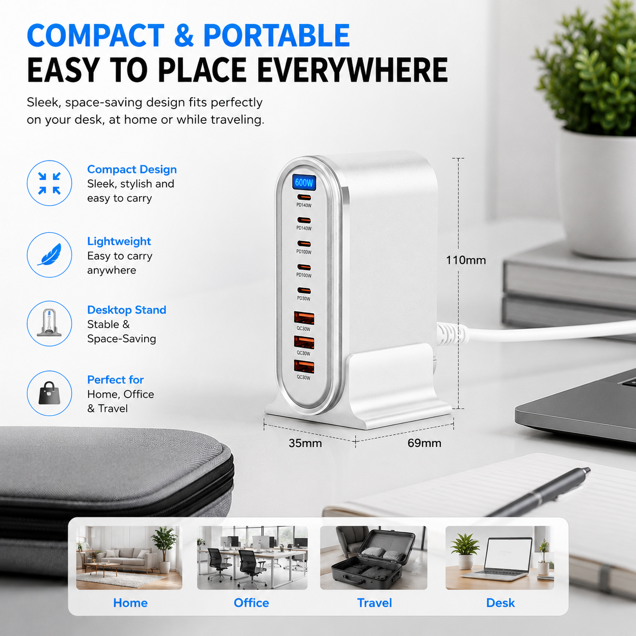 CUBONIC 600W GaN Charging Station, 8-Port Dockw/ 5USB-C & 3USB-A Desktop Charger with Digital Display and Desk Stand, Multiport Charging Hub for Home, Office, Workstation & Travel