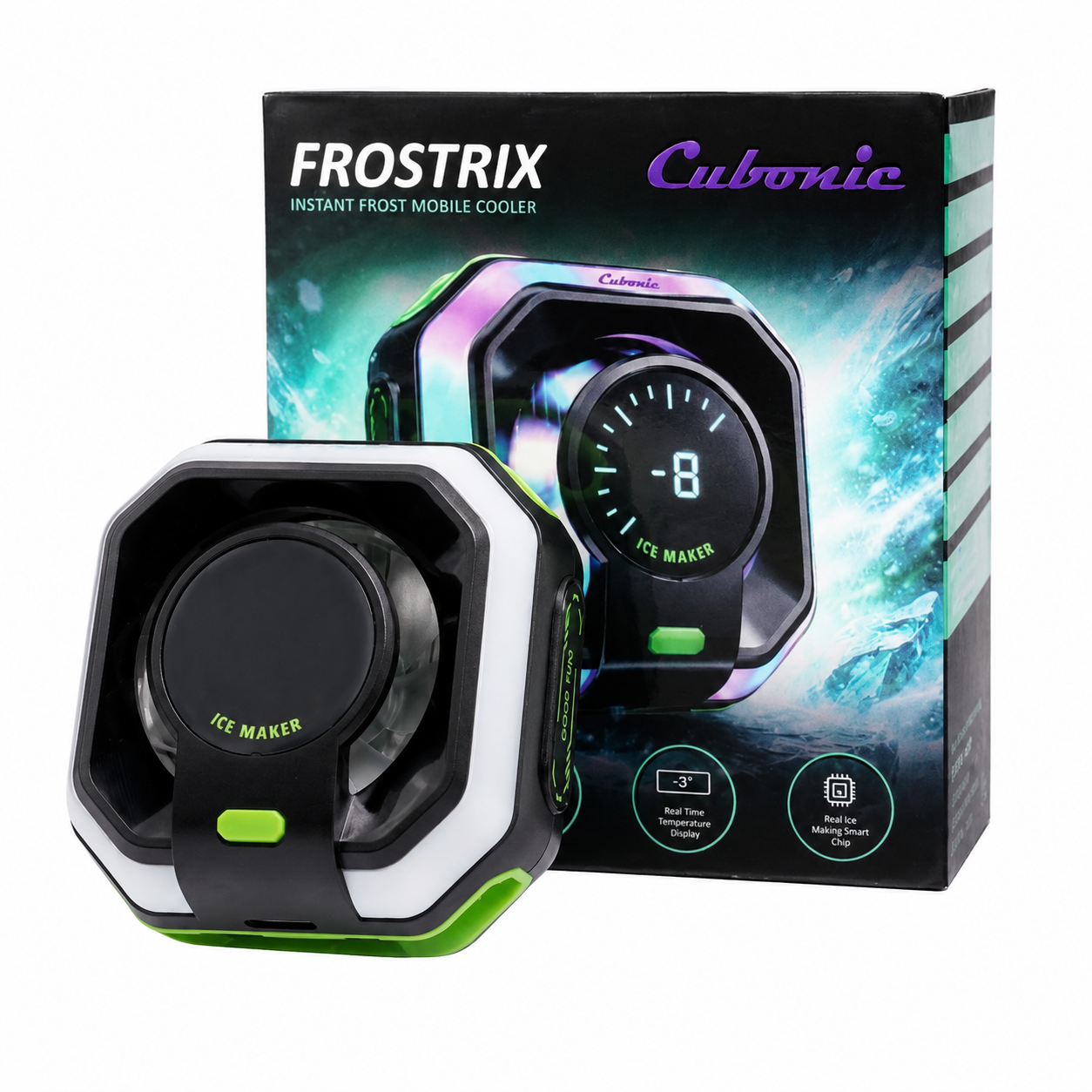 Cubonic Frostrix Ice Making Mobile Cooler  Instant Frost Semiconductor Gaming Phone Cooler with AI Smart Mode, Digital Temperature Display, RGB Lighting, Magnetic & Clip Mount, Type-C Powered