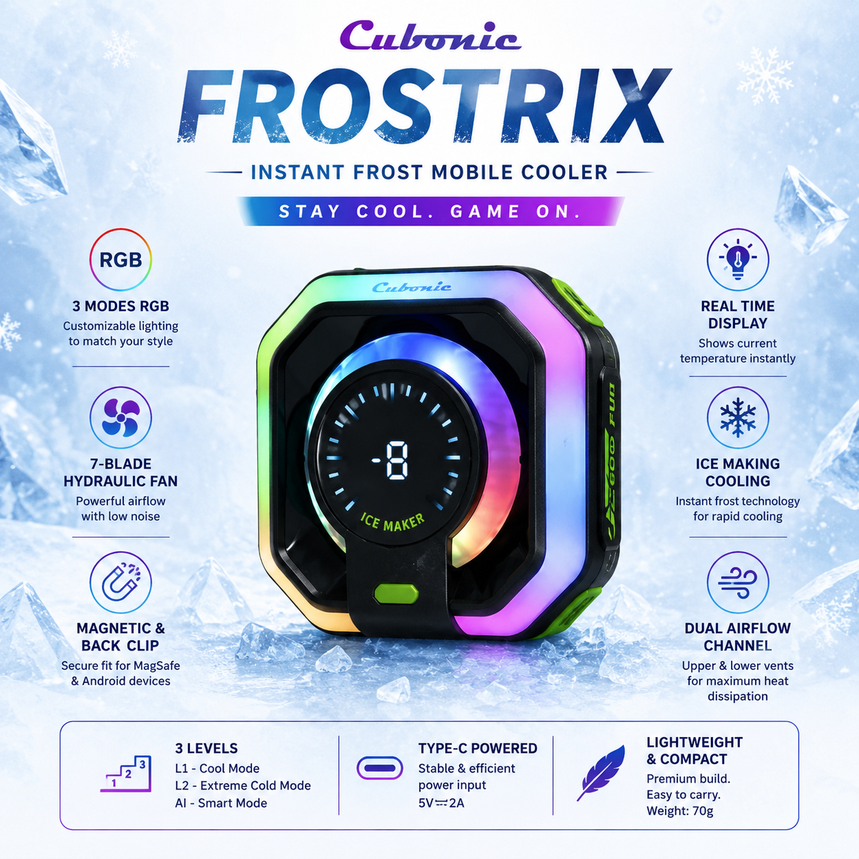 Cubonic Frostrix Ice Making Mobile Cooler  Instant Frost Semiconductor Gaming Phone Cooler with AI Smart Mode, Digital Temperature Display, RGB Lighting, Magnetic & Clip Mount, Type-C Powered