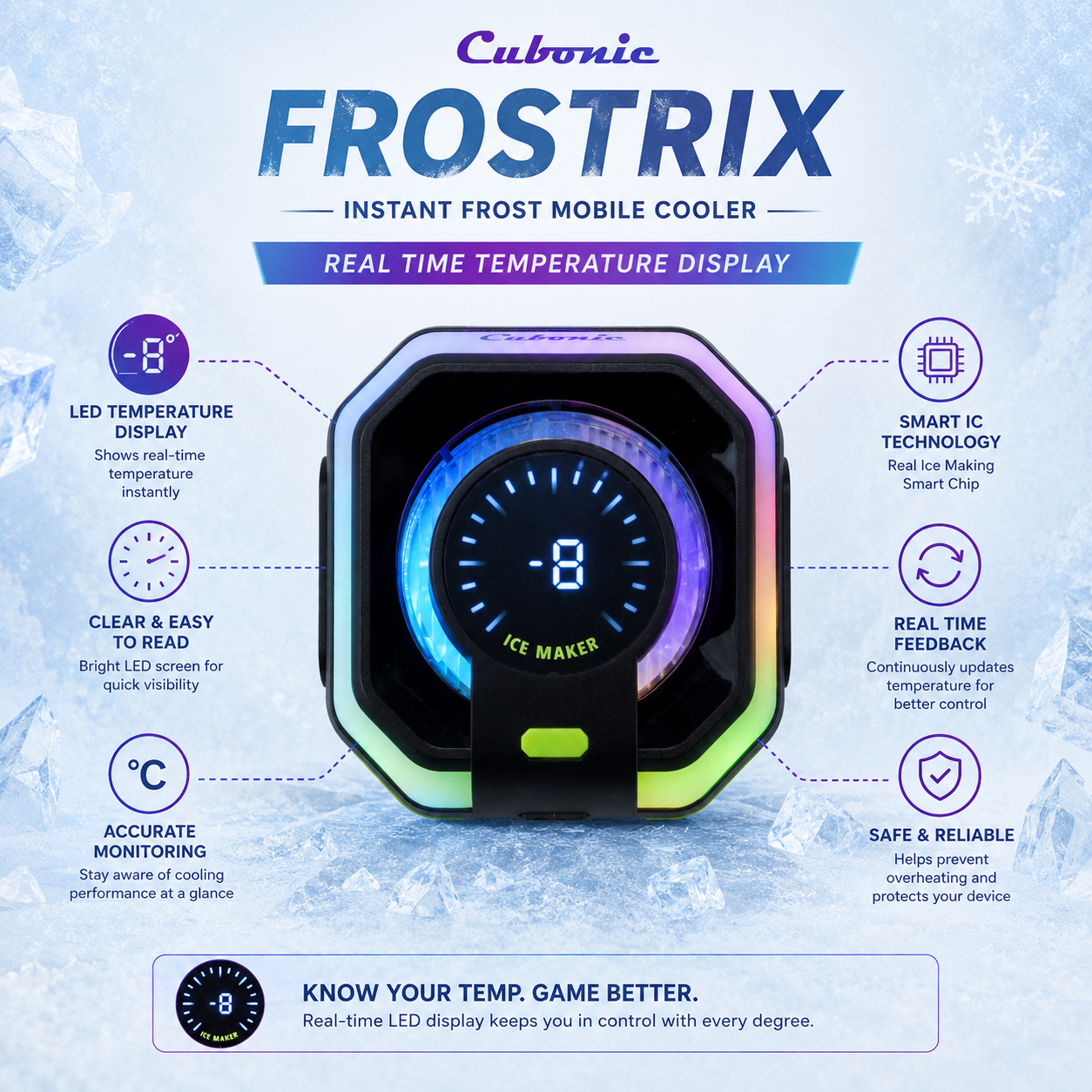 Cubonic Frostrix Ice Making Mobile Cooler  Instant Frost Semiconductor Gaming Phone Cooler with AI Smart Mode, Digital Temperature Display, RGB Lighting, Magnetic & Clip Mount, Type-C Powered