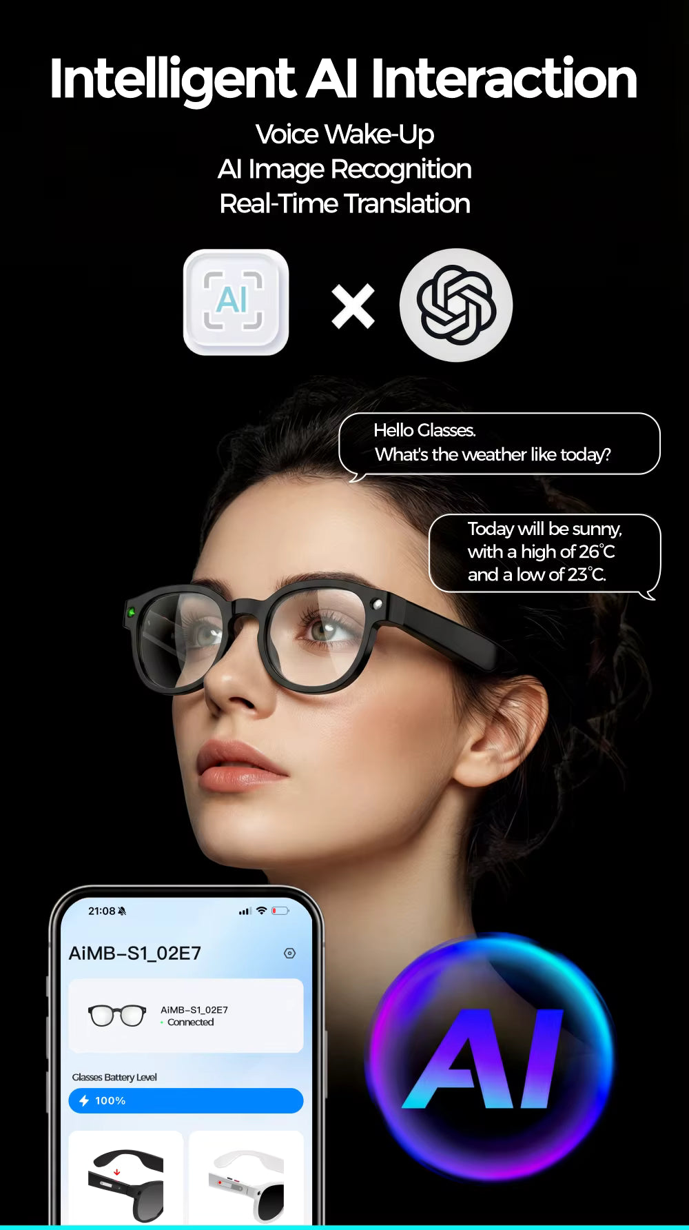 Cubonic AIMB S1 Smart Glasses with 8MP Camera, 1080p Full HD Video Recording, AI Voice Assistant, Real-Time Translation