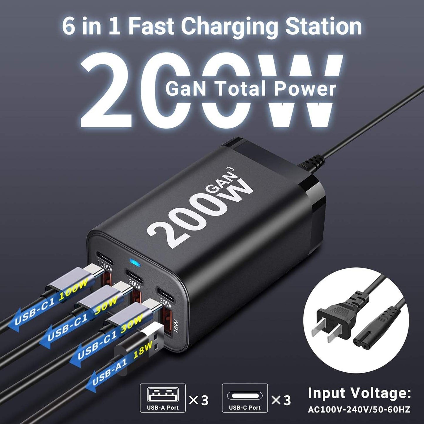 CUBONIC 200W GaN Charging Station, 6-Port Desktop Charger with 3 USB-C & 3 USB-A Ports, Multi Device Charging Hub for Laptops, Smartphones, Tablets, Wearables & USB Powered Electronics