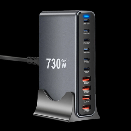 CUBONIC 730W GaN Charging Hub, 10-Port Desktop Charger with 8 USB-C and 2 USB-A Ports, Multi Device Charging Station for Home, Office, Travel & Workstation Setup