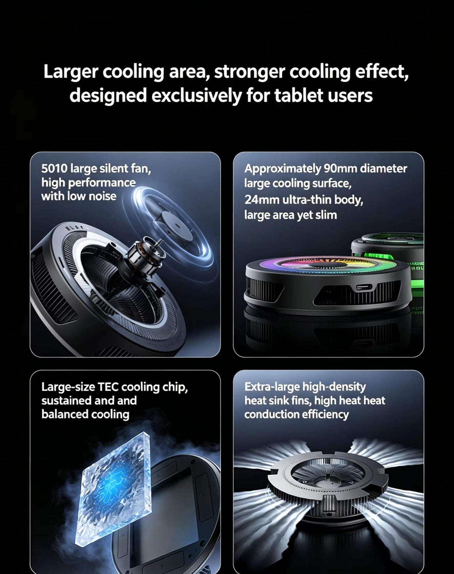 Cubonic Black Shark Funcooler 6 Max Magnetic Tablet Cooler | 40W Semiconductor Cooling | App-Controlled RGB Cooling Fan for iPad, Android Tablets & Gaming Devices