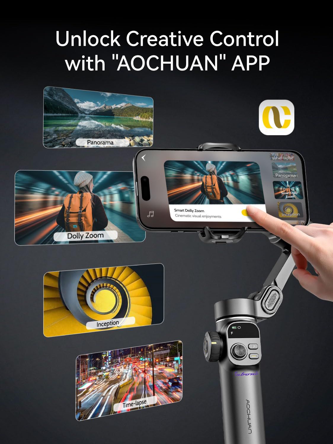 Cubonic Aochuan 3-Axis Smart X2 Gimbal Stabilizer w/Built-in 7.8in Extension Rod, AI Tracking, BT, 8-10 Hour Battery,Compatible w/iPhone and Android App/Gesture Control, OLED Screen Intelligent Gimbal