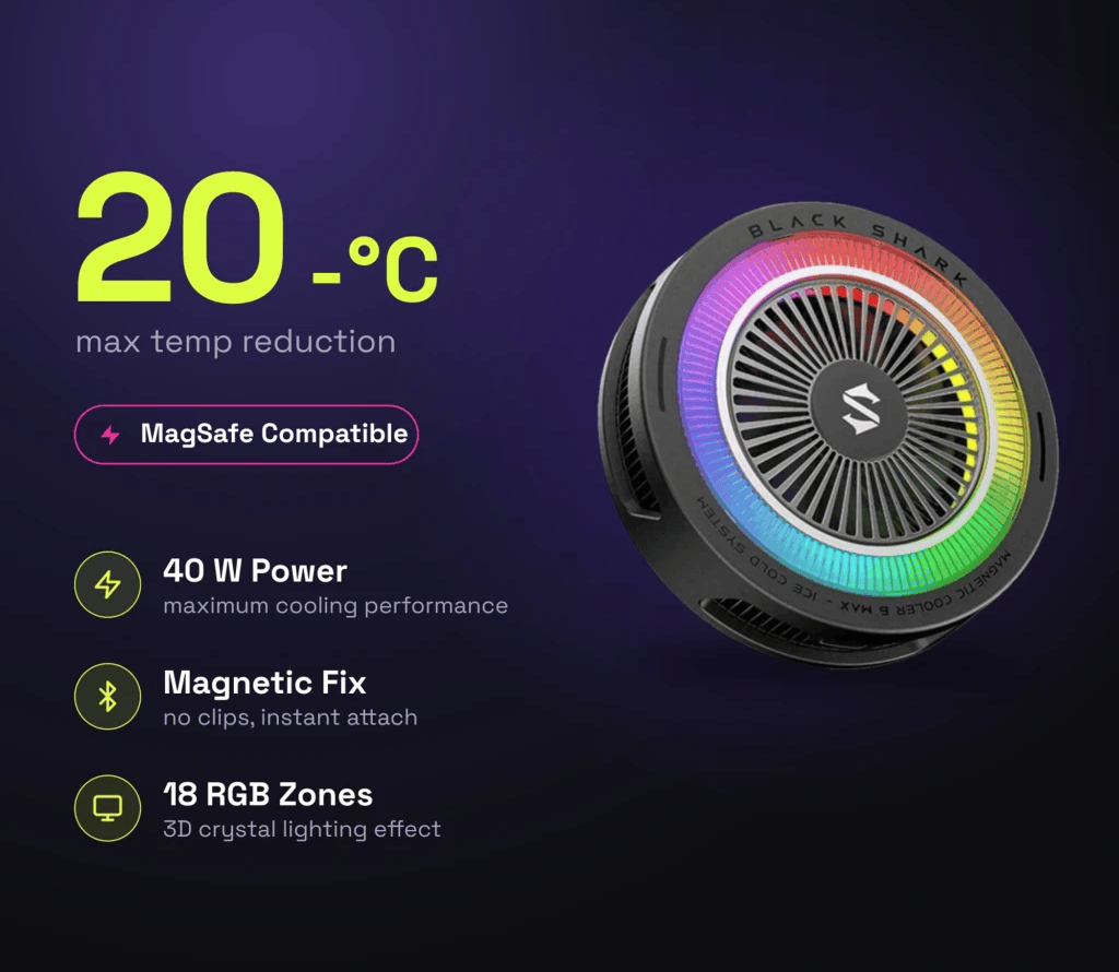Cubonic Black Shark Funcooler 6 Max Magnetic Tablet Cooler | 40W Semiconductor Cooling | App-Controlled RGB Cooling Fan for iPad, Android Tablets & Gaming Devices