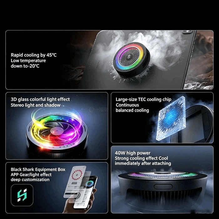 Cubonic Black Shark Funcooler 6 Max Magnetic Tablet Cooler | 40W Semiconductor Cooling | App-Controlled RGB Cooling Fan for iPad, Android Tablets & Gaming Devices