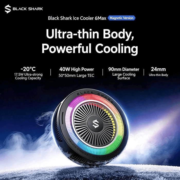 Cubonic Black Shark Funcooler 6 Max Magnetic Tablet Cooler | 40W Semiconductor Cooling | App-Controlled RGB Cooling Fan for iPad, Android Tablets & Gaming Devices
