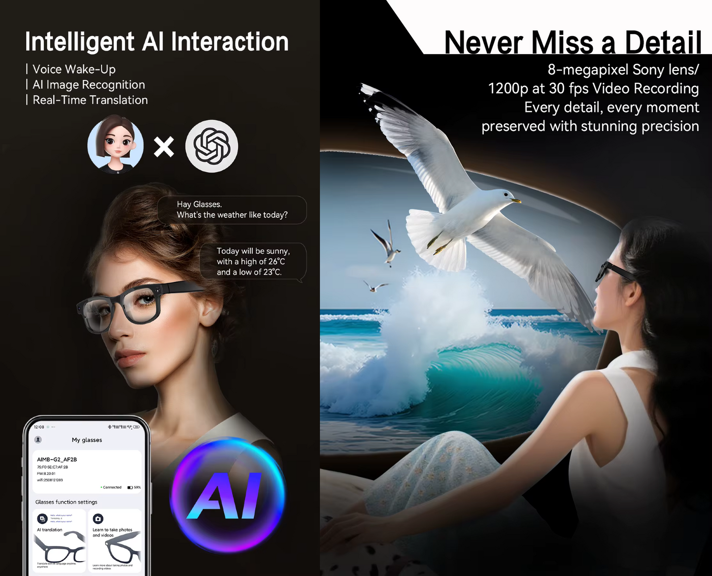 Cubonic AIMBriG2 Smart Audio Glasses with 800W Camera, Wi-Fi4, Bluetooth 5.3, 32GB Storage, Real-Time Translation, UV400 Protection, IPX4 Water Resistant