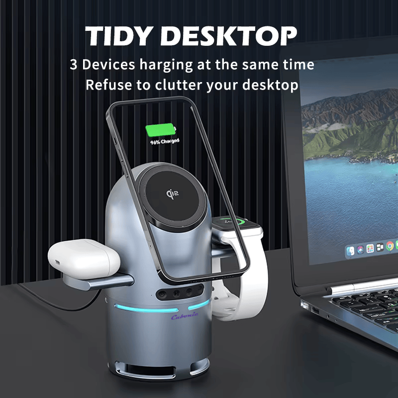 Cubonic S9 Bullet Shaped 3-in-1 Qi2 Certified Wireless Charger with 15W Fast Charging, Bluetooth Speaker, Auto-Rotation & Foldable Stand – Compatible with iOS & Android